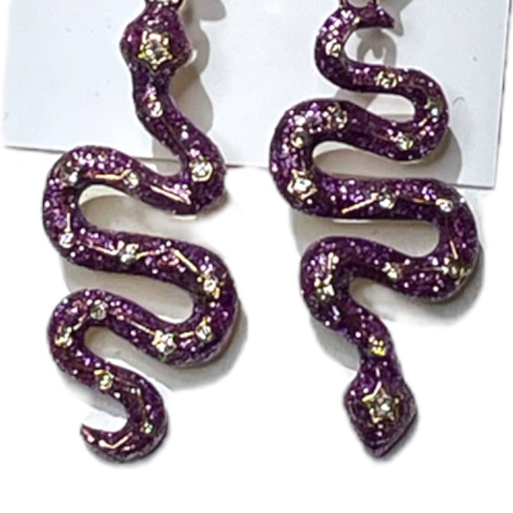 Betsey Johnson Celestial Snake Dangle Earrings Purple Gold Tone - Picture 3 of 4